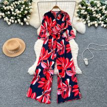 Frauen Neue Sommer Europäischen und Amerikanischen V-ausschnitt Kurzen ärmeln Spitze-up Taille Schlank Gerade bein Lose Gedruckt Lange breite bein Overall