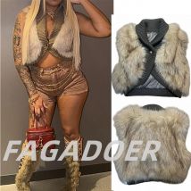 FAGADOER Sexy Knit Fur Patchwork Vest for Women Solid Color Retro American Sleeveless Crop Jackets Female Streetwear Clothing