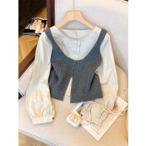 Korean Fashion frauen Pullover Gestrickte Weste + Lange Ärmeln Hemd Top Neue Retro Frauen Rundhals Einfarbig Hemd zwei-Stück Set