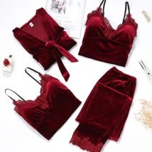 Autumn Velvet Women 4PCS Pajamas Set Sleepwear Burgundy Velour Bathrobe Nightwear Lace Patchwork Pijamas Suit Sexy Negligee