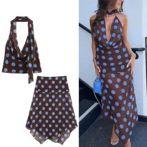 Polka Dot Printed Midi Skirts Two Piece Sets for Women 2025 Summer Chic Scarf Halter Top Suits Beach Woman 2 Piece Outfits