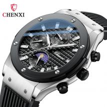 CHENXI Original Watch Quartz Waterproof Sports Watches Men Silicone Strap Chronograph Calendar Multi Functional Wristwatches