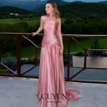CUYUN Pink Strapless Pleated Women Evening Dresses  Shiny Satin Customized Draped Prom Party Gown Banquet Formal Event Dress