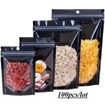 100 Stück, lebensmittelecht, schwarz, durchsichtig, transparent, Kunststoff, Aluminiumfolie, wiederverschließbar, Mylar-Stand-Up-Beutel, individuelle Lebensmittelbeutel mit Fenster