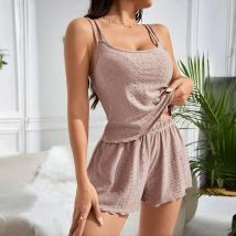 Sexy Aushöhlen Öse Stricken Pyjama Set Frauen Doppel Strap Cami Top Salat Saum Shorts Zwei Stück Sommer Loungewear Nachtwäsche Neue