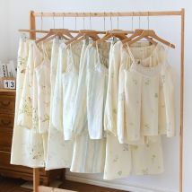 Neue Frühling Herbst frauen Pyjama Set Baumwolle Crepe Gedruckt Langarm Hosen Drei Stück Spitze Süße Hause Anzug