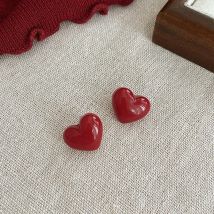 Ancona Wine Red Small Heart Stud Earrings for Women Unique Smooth Wedding New Year Jewelry Christmas Girl Valentine's Day Gift