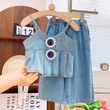 Bär Führer Sommer Mädchen Kleidung Blau Imitation Denim Ärmellose Leibchen + Hosen 2-teiliges Set Einfarbig Casual Kinder kleidung