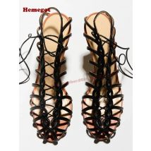 Ausschnitt-Schnürsandalen, Stiletto-Absätze, offener Zehenbereich, seitliche Air-Twist-schwarze Damensandalen, 2025, neuer Sommer, Übergröße, dünner Absatz, sexy
