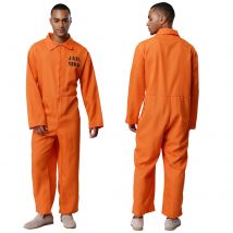 Mens Womens Halloween Orange Prisoner Convict Cosplay Costume Jail Overalls Jumpsuit Lapel Jailbird Unitard Inmate Jail Uniform