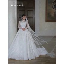 Luxus Langarm Brautkleider High Neck Roben Angepasst Applikationen Spitze Land Brautkleider Vestidos de novia