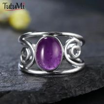 S925 Silver Natural Amethyst Rings 8*10MM Natural Gemstone Retro Silver Oval Shape Ring Fine Jewelry Gifts For Women
