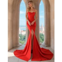 Sexy trägerloses langes schwarzes Maxikleid mit Vorderschlitz, nackte Schulter, rot, Damen-Abend-Sommer-Nachtkleid, Party, Umstandskleider