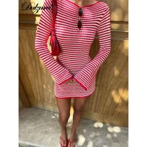 Dulzura Frauen lässig schlank gestreiften Pullover Mini kleid O-Ausschnitt Langarm Bodycon Outfit Streetwear Basics Herbst Winterkleid ung