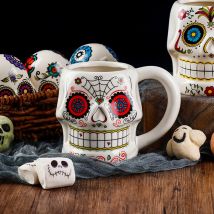 1 Stück 12 Unzen Halloween-Keramik-Totenkopf-Kaffeetasse, einzigartiger Stil, Heimgetränkebecher mit Griff für Tee und heiße Schokolade