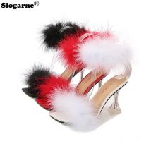 Frauen Neue Mode Faux Pelz Sandalen Frau Kristall High Heel Hausschuhe Damen Sommer Peep Toe Pelz Schuhe Pumps Kristall Spike Heels