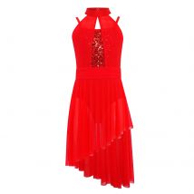 Kids Girls Lyrical Dance Dress Ballet Gymnastics Performance Costume Sleeveless Sequins Bodice Asymmetrical Sheer Mesh Dress