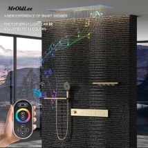 Luksusowy zestaw prysznicowy sufitowy, ukryty, termostatyczny, mosiężny, z cyfrowym wyświetlaczem, hydrogenerator, deszczownica z oświetleniem i Bluetooth.