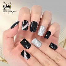 Grobe Silber Drücken Sie Auf Glitter Faux Ongles Wiederverwendbare Kurze Schwarze Nägel Gefälschte Bling Dame Künstliche Acryl Nagel Tipps für Finger