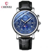 Chenxi 976 Leder Quarzuhr Datum Herren Phase des Mondes Timing Business leuchtende Chronograph Armbanduhr
