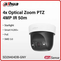 Dahua 4MP PTZ-Kamera, 4-facher optischer Zoom, IR 50 m PoE, Sternenlicht, Sicherheitsschutz, Gesichtserkennung, integriertes Mikrofon, WizSense SD29404DB-GNY