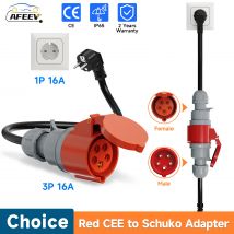 AFEEV EV-Ladegerät, CEE-Buchse, 5-polig, rot, CEE auf Schuko-Adapter, Steckdose, Verlängerungskabel, Verbindung mit 11 kW, 16 A, 3-Phasen-Ladegerät
