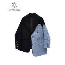 Frauen Vintage-Mode Blazer Denim Patchwork Jacken 2022 Herbst Winter Unregelmäßigen Mantel Frauen