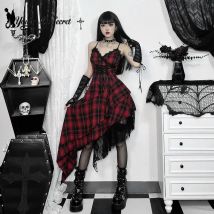 [Du bist mein Geheimnis] Damen-Kleid mit dunklem Gittermuster und Trägern, Gothic-Hosenträgerkleid, Punkrock, Vestidos Elegantes Para Mujeres
