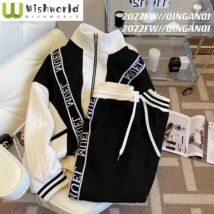 Alphabet Striped Patchwork Long Sleeved Zipper Jacket Casual Ankle Pants Two-piece Set Fashionable Women's Pants Set Sports Set