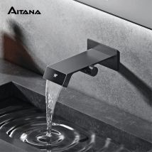 Luxuriöser Badezimmer-Wasserhahn aus grauem Messing mit LED-Digitalanzeige, warmes und kaltes Wasser im Wandtyp, Einhand-Waschtischarmatur
