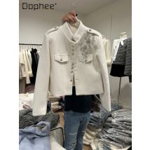 Luxuriöse, mit Perlen verzierte, kurze Jacke, Daunenfutter, Stehkragen, Paillettenmäntel, Schwerindustrie, elegante weiße einreihige Oberbekleidung