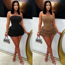 Y2k Vestidos Para Mujer Solid Color Elegant Strapless Puffy Ruffles Slim Fit Mini Dress Curvas Pleated Sexy Short Dress Women