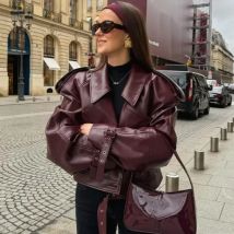 Vintage Revers Leder Bikerjacke Damen Bomberjacke Kurzmantel Streetwear Reißverschluss Langarm Winddichte Oberbekleidung Schwarz Weinrot