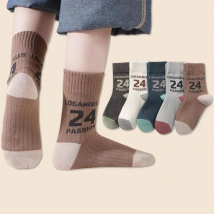 5 Pairs Boys Sporty Socks Autumn Cotton Thick Socks Mid Calf Length Children's Cotton Socks Letter Sport Socks