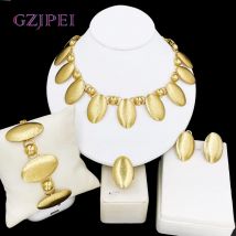 GZJPEI 4-teiliges Schmuckset, 18 Karat Gold, ovaler Tropfen-Anhänger, Halskette, Armband, schicker Ohrring, Ring, Dubai, Nigeria, Hochzeitsschmuck