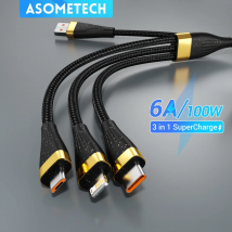 ASOMETECH Kabel USB do ładowania 3 w 1 6A 100W do Huawei/Honor Przenośny kabel Micro USB TypeC do ładowania iPhone 14 Samsung