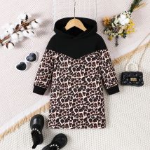 Modisches, lässiges Mädchen-Sweatshirtkleid mit Leopardenmuster und Farbblock-Kapuze und langen Ärmeln für Herbst und Winter