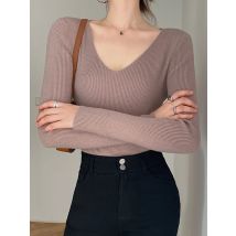 Frühling Herbst V-ausschnitt Frauen Pullover Casual Langarm Slim-fit Tops Gestrickte Pullover Pullover Femme Grundlegende Feste Pull kleidung