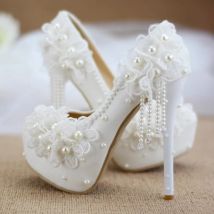 Frühling runde kopf tuch perle quaste spitze blume hochzeit schuhe feine hochhackigen wasserdichte tisch kleid große größe frauen der schuhe