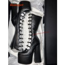 Schwarze, dicke Sohle, hohle Wadenstiefel, seitlicher Reißverschluss, quadratische Absätze, Tanzschuhe, runde Zehen, superhoher Absatz, sexy Sandalen, Größe 46, Plattform