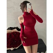 2025 Mini abito da donna nuovo senza maniche abito attillato pieghettato collo alto con lacci autunno nero aderente elastico abiti da festa