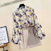 Blumendruck Vintage Chiffon Stehkragen Laterne Ärmel Pullover Damen Bluse Shirt lässige weibliche Kleidung Tops Mode 2025