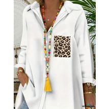 Clearance Hot Sale Elegant Solid Splicing Leopard Print Pocket Plus Size Women Shirt With Button Long Sleeve Top Blouse On Sale