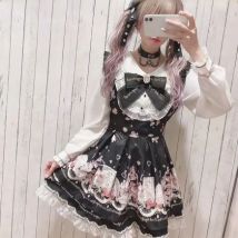 Kawaii Lolita Anzüge Harajuku Süße Spitze Patchwork Slim Fit Bluse + Y2k Hohe Taille Röcke Frauen Frühjahr Neue Schwarz Zwei Stück Sets