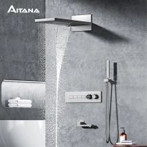 Luxuriöses Thermostat-Duschsystem aus grauem Messing zur Wandmontage, LED-Digitalanzeige, eingebetteter Wasserhahn für heißes und kaltes Wasser im Badezimmer