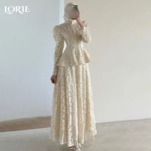 LORIE Vintage Satin Wedding Dresses High Collar Long Sleeves Button Bridal Gowns Appliques Lace Muslim Bride Dress Customized