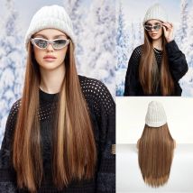 Lange synthetische gerade dunkelbraune Perücken mit Hut kappe verstellbare Haar perücke mit Hüten für Damen und Mädchen tägliche Winterkleid ung