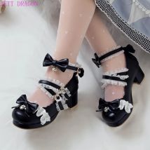 2025 Frauen High Heels Cross Strap Mary Jane Pumps Party Hochzeit Weiß Rosa Schwarz Rüschen Bogen Prinzessin Cosplay Lolita Schuhe 41