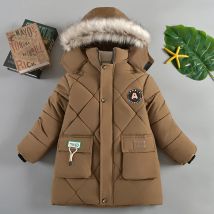 Neue Winter Jungen Jacke Lange Stil Brief Drucken Dicke Warme Mit Kapuze Mantel Pelz Kragen Unten Baumwolle Oberbekleidung Für 4-10 jahre Kinder