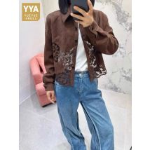 Chaqueta femenina calada bordada de gamuza de cuero genuino de otoño de alta calidad abrigo corto fino de piel de oveja Natural con cuello vuelto